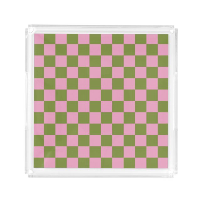 Pink Green Checkered Gingham Pattern Acrylic Tray (Front)