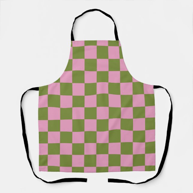 Pink Green Checkered Gingham Pattern Apron (Front)