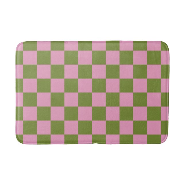Pink Green Checkered Gingham Pattern Bath Mat (Front)