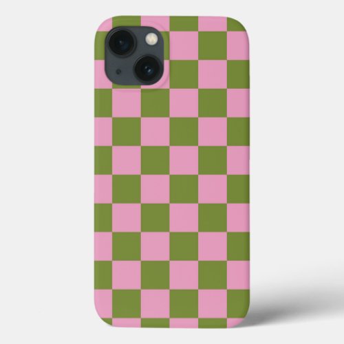 Pink Green Checkered Gingham Pattern iPhone 13 Case