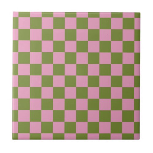 Pink Green Checkered Gingham Pattern Ceramic Tile