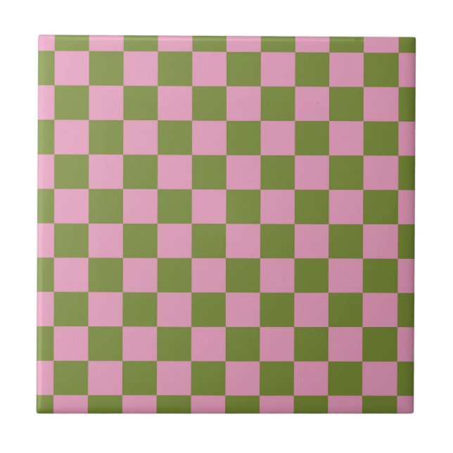 Pink Green Checkered Gingham Pattern Ceramic Tile (Front)