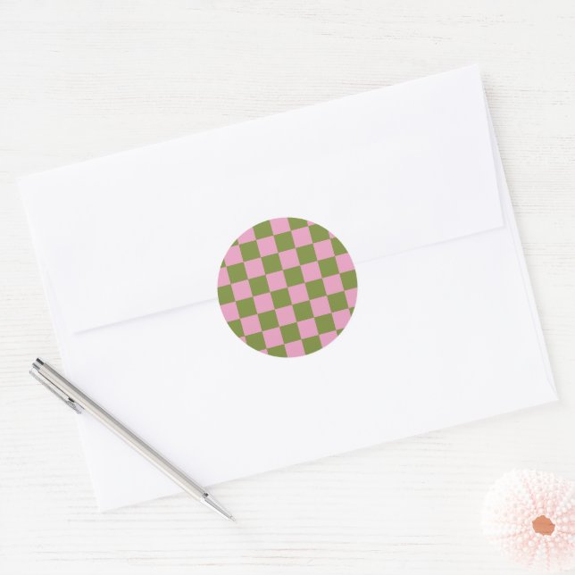 Pink Green Checkered Gingham Pattern Classic Round Sticker (Envelope)