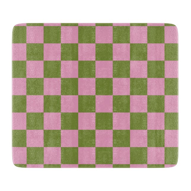 Pink Green Checkered Gingham Pattern Cutting Board (Front)