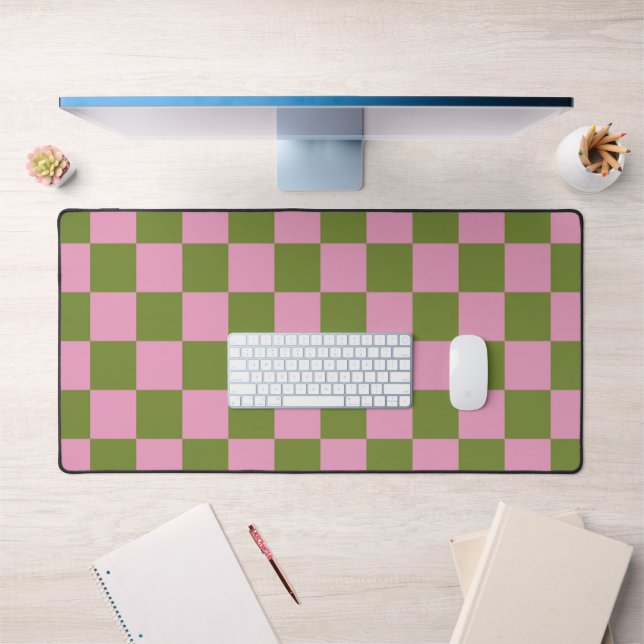 Pink Green Checkered Gingham Pattern Desk Mat (Office 1)