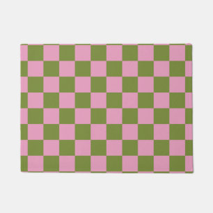 Pink Green Checkered Gingham Pattern Doormat