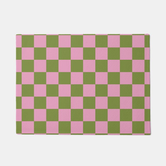 Pink Green Checkered Gingham Pattern Doormat (Front)