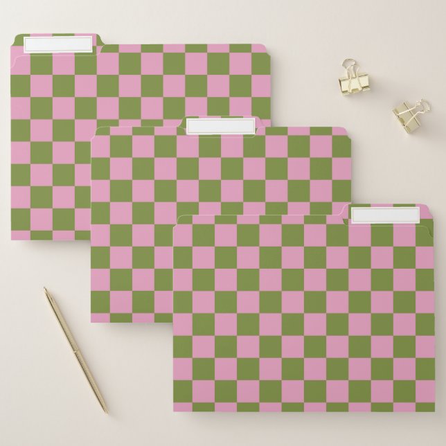 Pink Green Checkered Gingham Pattern File Folder (Set)
