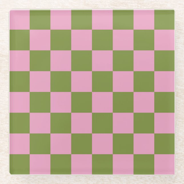Pink Green Checkered Gingham Pattern Glass Coaster (Front)