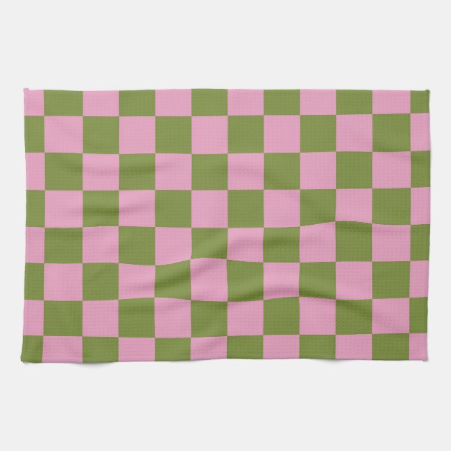 Pink Green Checkered Gingham Pattern Kitchen Towel (Horizontal)