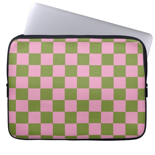 Pink Green Checkered Gingham Pattern Laptop Sleeve (Front)