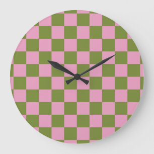 Pink Green Checkered Gingham Pattern Large Clock