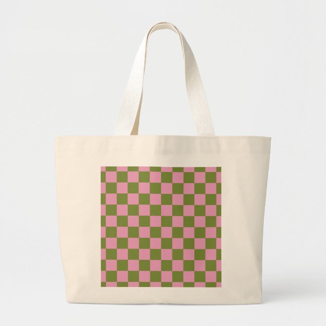 Pink Green Checkered Gingham Pattern Large Tote Bag (Front)