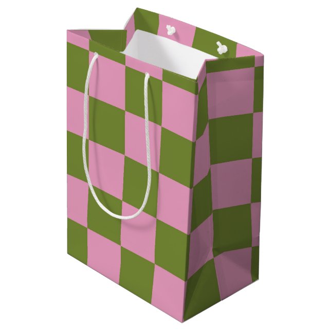Pink Green Checkered Gingham Pattern Medium Gift Bag (Back Angled)
