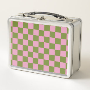 Pink Green Checkered Gingham Pattern Metal Lunch Box