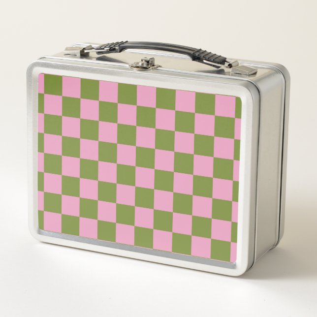 Pink Green Checkered Gingham Pattern Metal Lunch Box (Front)