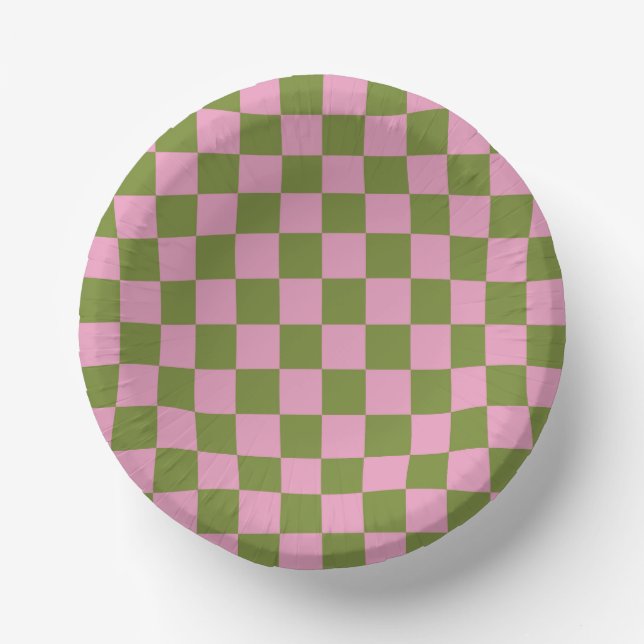 Pink Green Checkered Gingham Pattern Paper Bowls (Front)