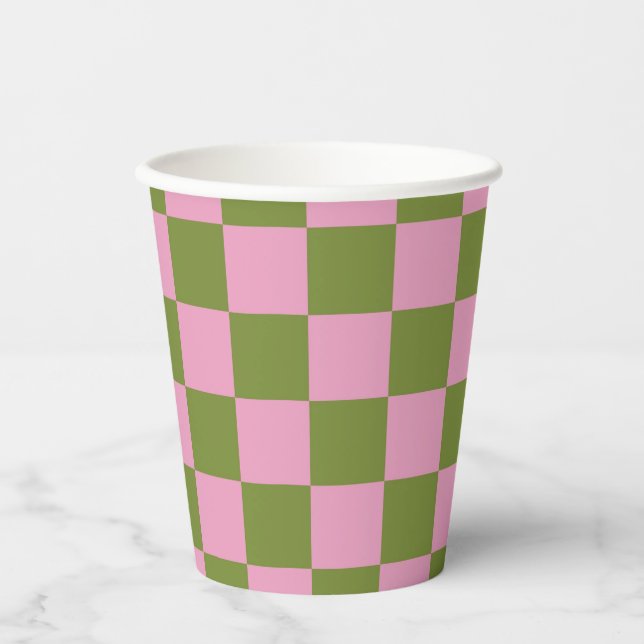 Pink Green Checkered Gingham Pattern Paper Cups (Front)