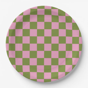 Pink Green Checkered Gingham Pattern Paper Plates