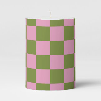 Pink Green Checkered Gingham Pattern Pillar Candle
