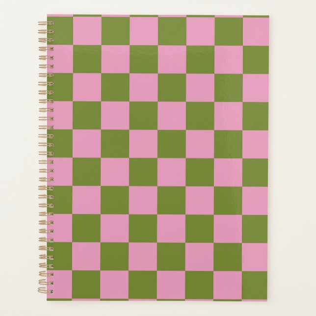 Pink Green Checkered Gingham Pattern Planner (Front)