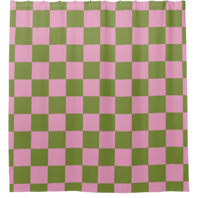 Pink Green Checkered Gingham Pattern Shower Curtain (Front)