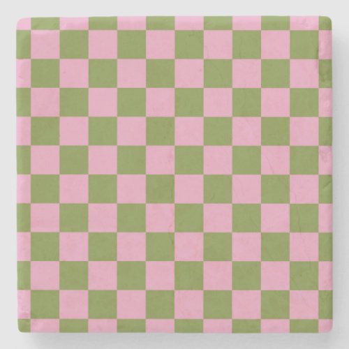 Pink Green Checkered Gingham Pattern Stone Coaster