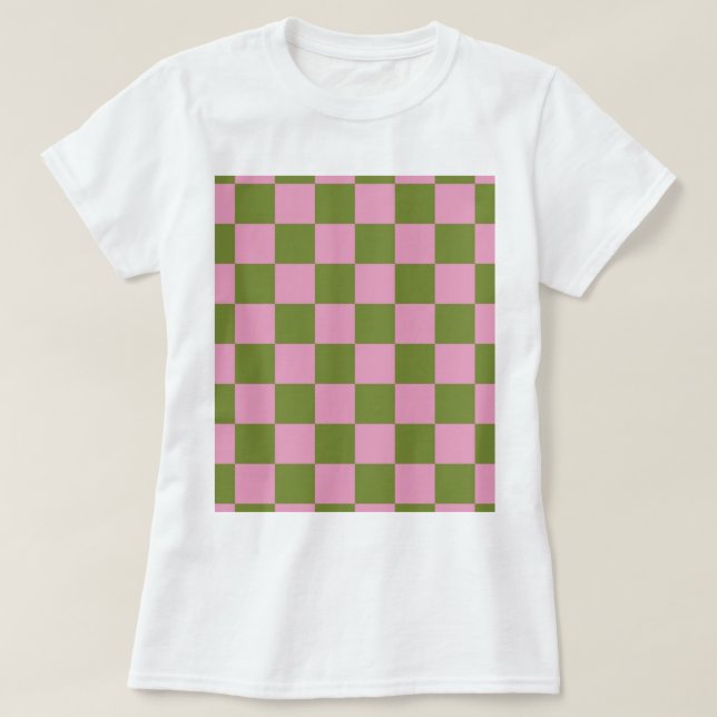 Pink Green Checkered Gingham Pattern T-Shirt (Design Front)