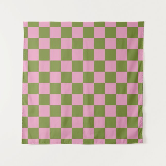 Pink Green Checkered Gingham Pattern Tapestry (Front)