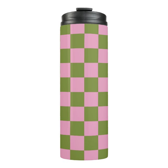Pink Green Checkered Gingham Pattern Thermal Tumbler (Front)