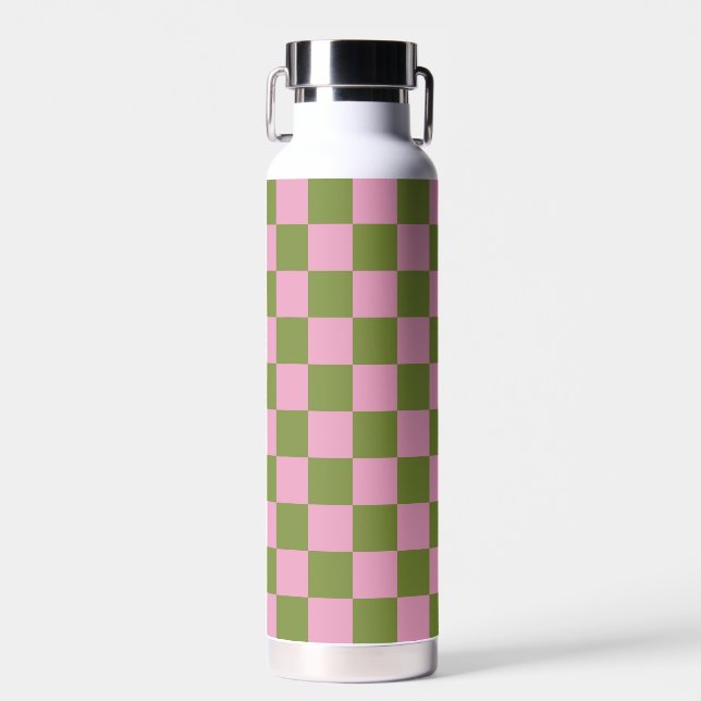 Pink Green Checkered Gingham Pattern Water Bottle (Front)