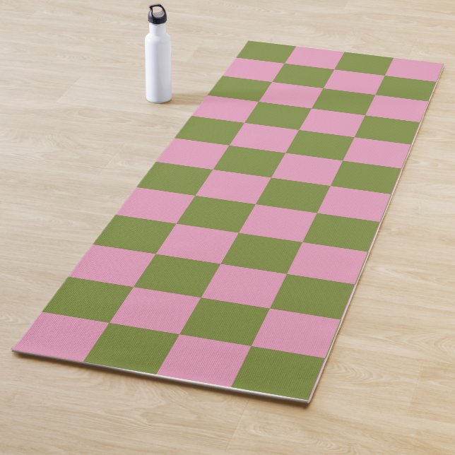 Pink Green Checkered Gingham Pattern Yoga Mat (In Situ)