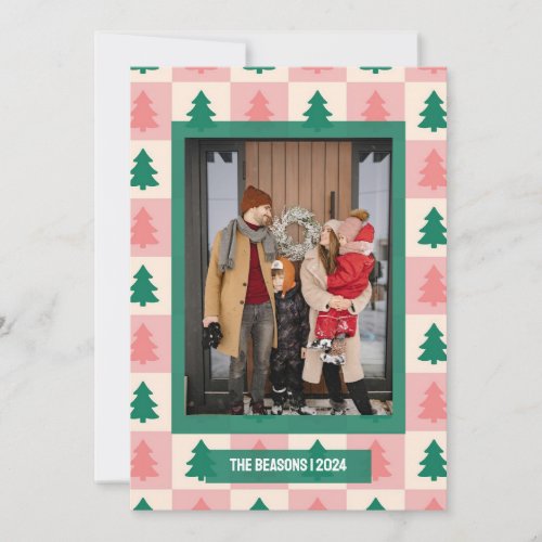 Pink Green Checkered Tree Photo Christmas Holiday Card