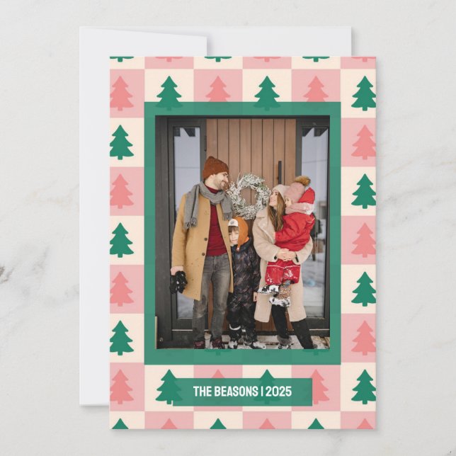 Pink Green Checkered Tree Photo Christmas Holiday Card (Front)