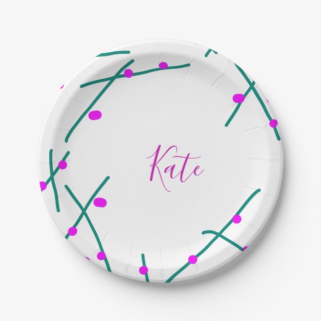 Pink green cherry tree name boho retro rustic bold paper plates (Front)