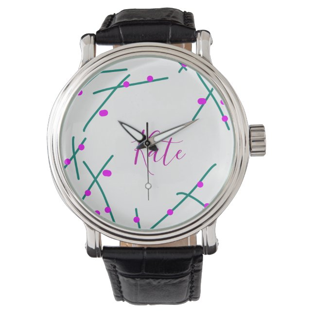 Pink green cherry tree name boho retro rustic bold watch (Front)