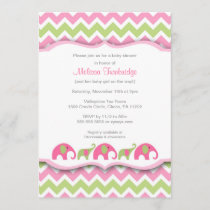 Pink & Green Chevron Elephants Baby Shower Invites