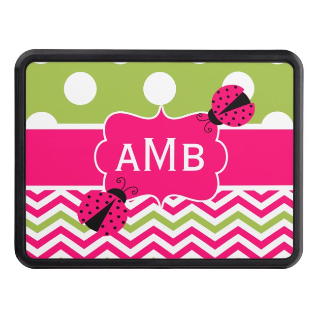 Pink Green Chevron Ladybug Monogram Hitch Cover (Front)