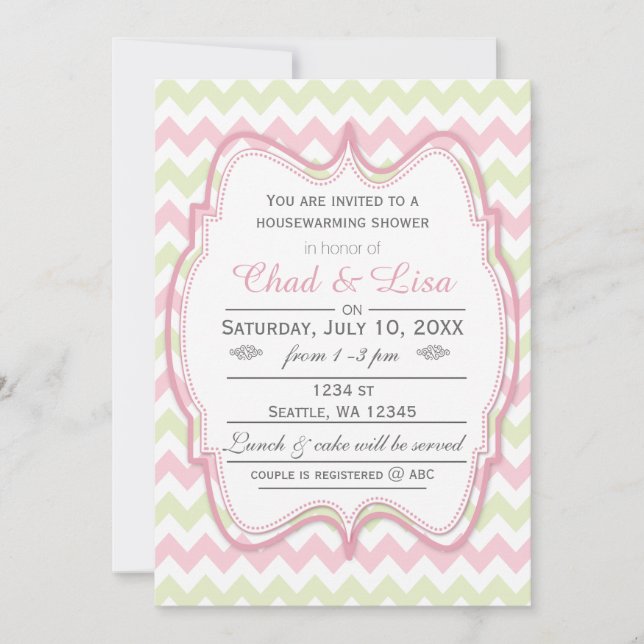 pink & green chevron mod housewarming invitations (Front)