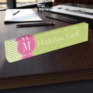 Pink & Green Chevron Pattern with Monogram Desk Name Plate