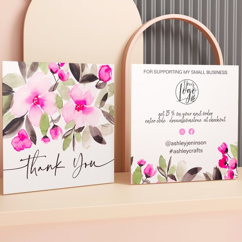 Pink green chic floral watercolor order thank you square business card