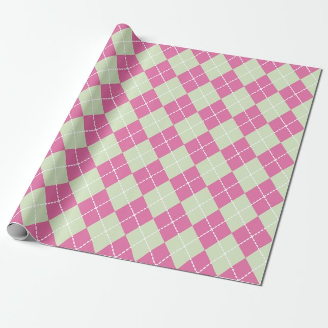Pink Green Christmas Argyle Wrapping Paper (Unrolled)
