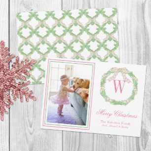 Pink & Green Christmas Bow Wreath Monogram Photo Holiday Card