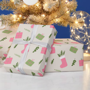 Pink Green Christmas Gift Stocking Pattern Cream Wrapping Paper