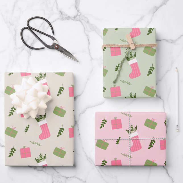 Pink Green Christmas Gift Stocking Pattern Multi Wrapping Paper Sheets (Front)