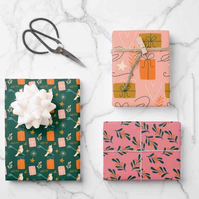 Pink Green Christmas Set of 3 Wrapping Paper Sheets (Front)