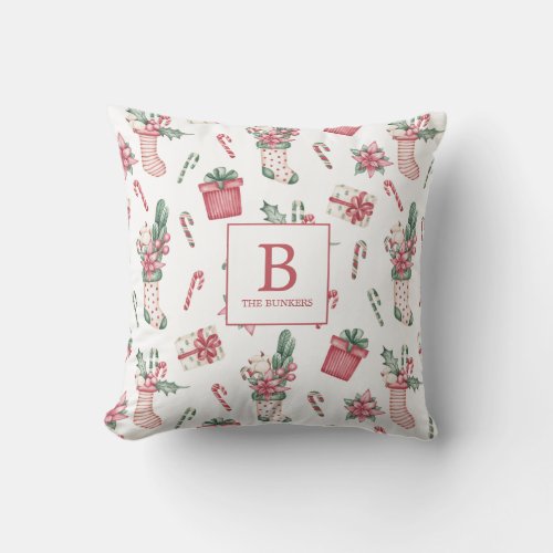 Pink  Green Christmas Stockings Flowers Candy Throw Pillow