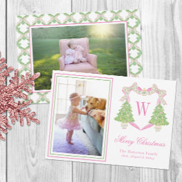 Pink & Green Christmas Tree Monogram Crest Photo Holiday Card