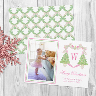 Pink & Green Christmas Tree Monogram Crest Photo Holiday Card