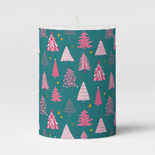 Pink & Green Christmas Tree Pattern Pillar Candle